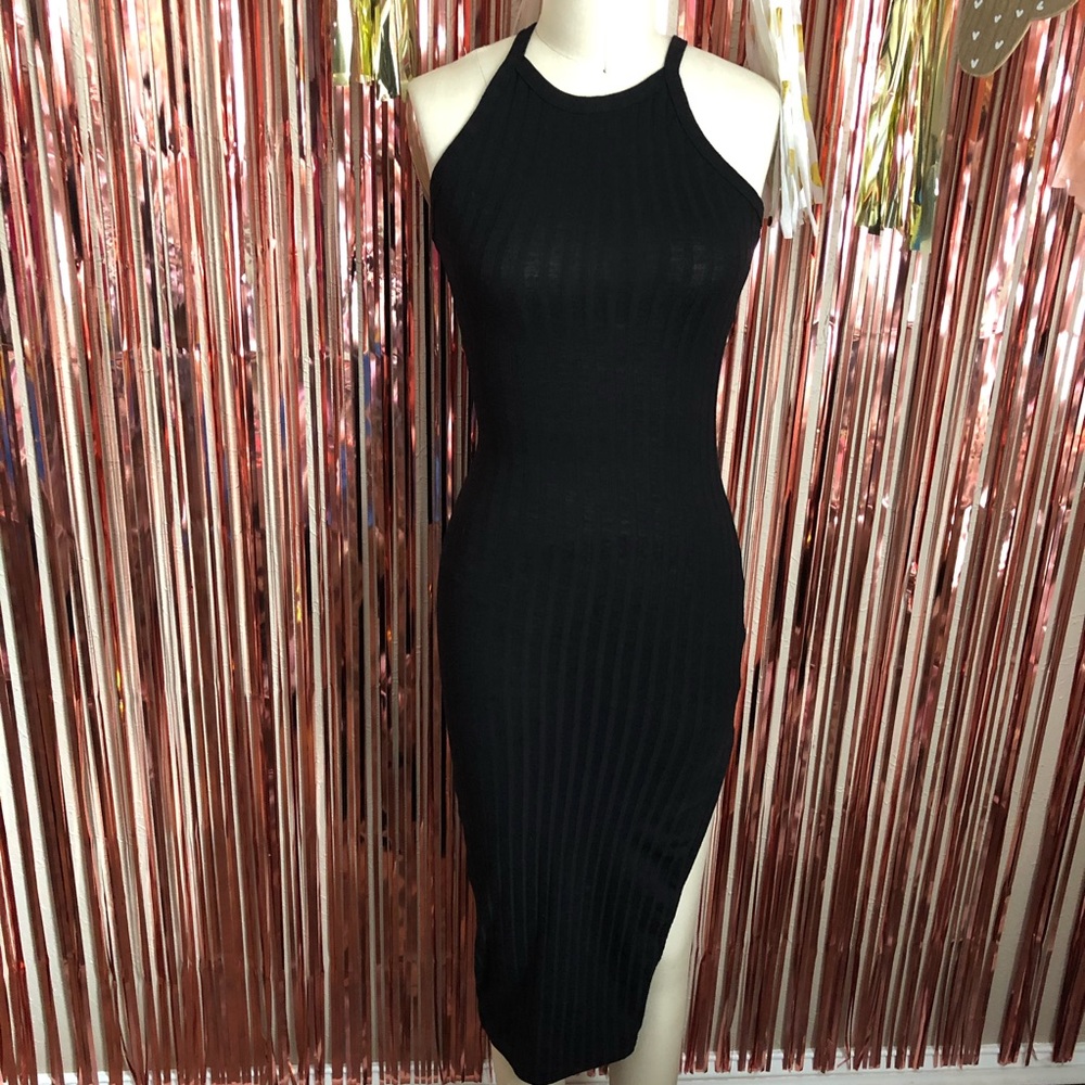 Black Sheer Knit Slit Dress